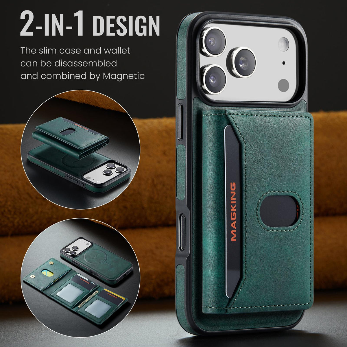 Compatible with iPhone 18 Pro Max MAGKING K5 Series RFID Tri-fold Card Bag Detachable Magnetic Phone Case - Green