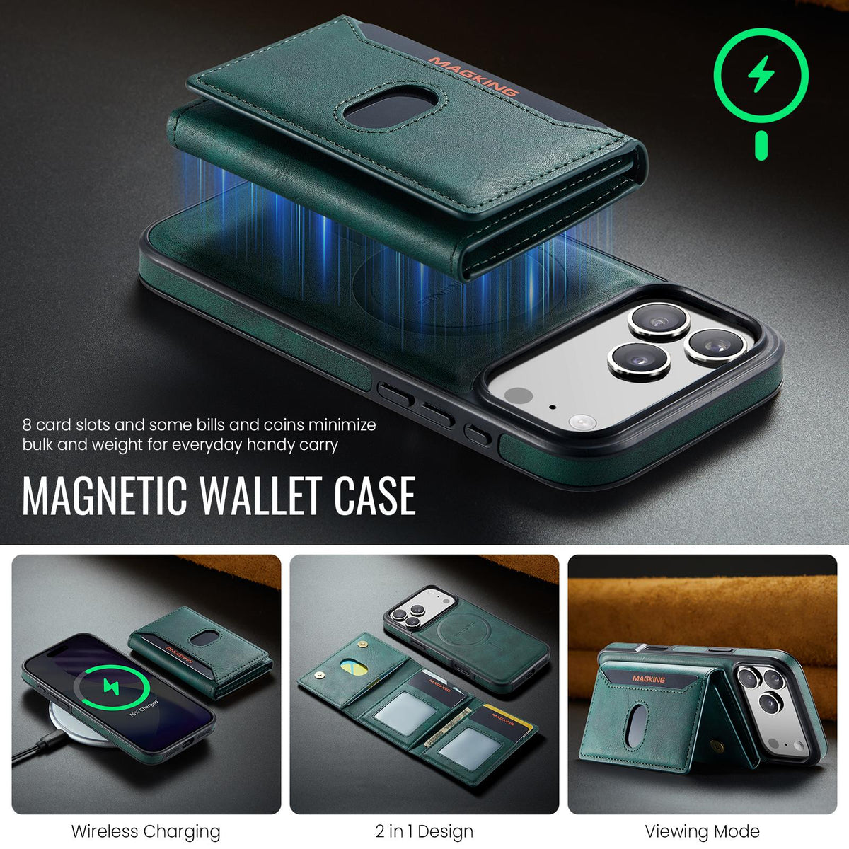 Compatible with iPhone 18 Pro Max MAGKING K5 Series RFID Tri-fold Card Bag Detachable Magnetic Phone Case - Green