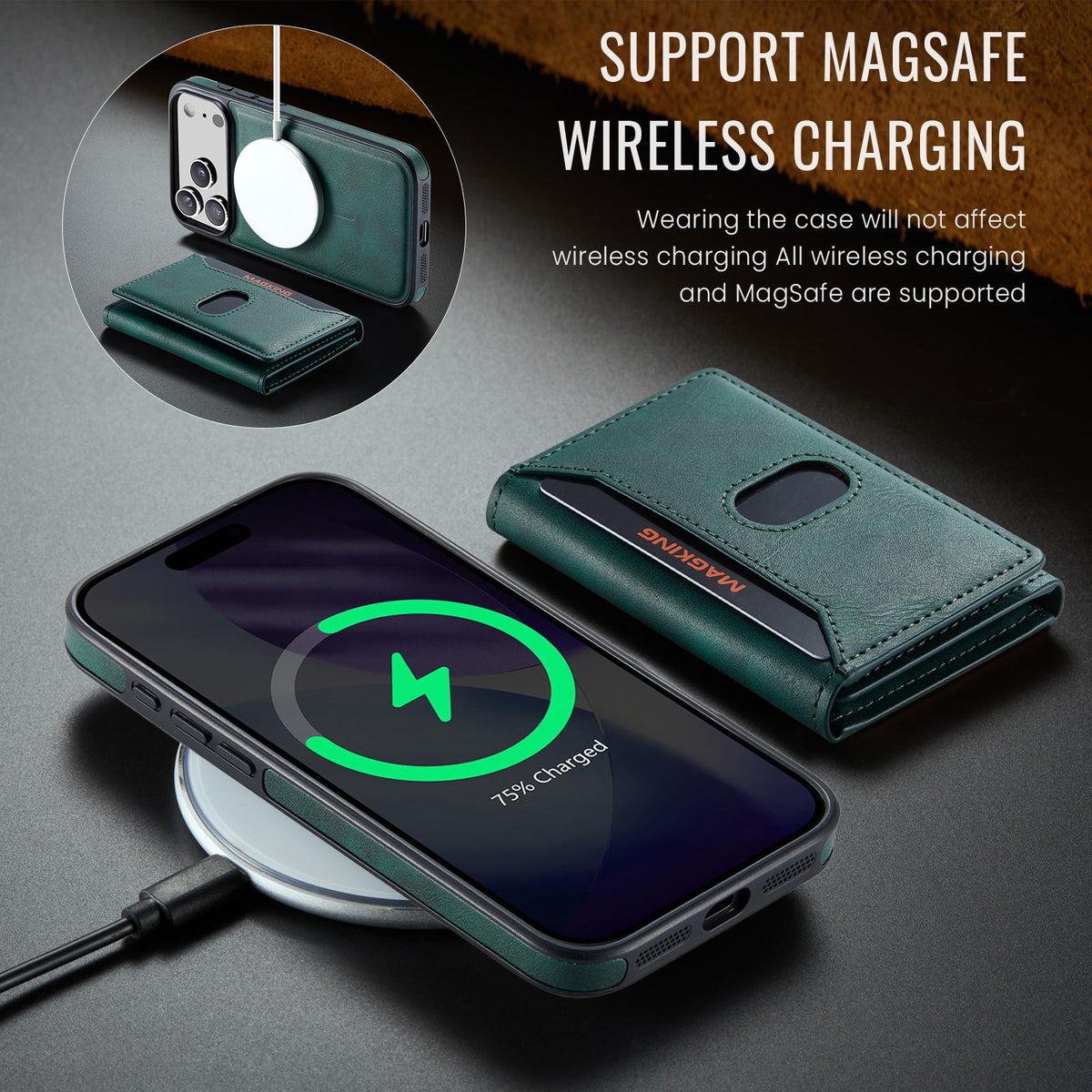 Compatible with iPhone 18 Pro Max MAGKING K5 Series RFID Tri-fold Card Bag Detachable Magnetic Phone Case - Green