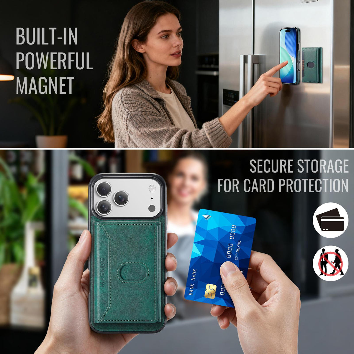 Compatible with iPhone 18 Pro Max MAGKING K5 Series RFID Tri-fold Card Bag Detachable Magnetic Phone Case - Green