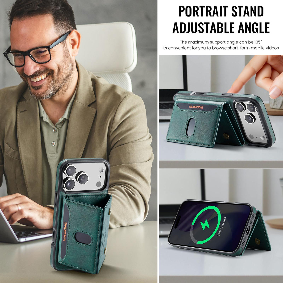 Compatible with iPhone 18 Pro Max MAGKING K5 Series RFID Tri-fold Card Bag Detachable Magnetic Phone Case - Green
