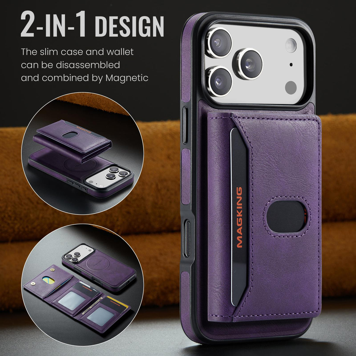 Compatible with iPhone 18 Pro Max MAGKING K5 Series RFID Tri-fold Card Bag Detachable Magnetic Phone Case - Purple