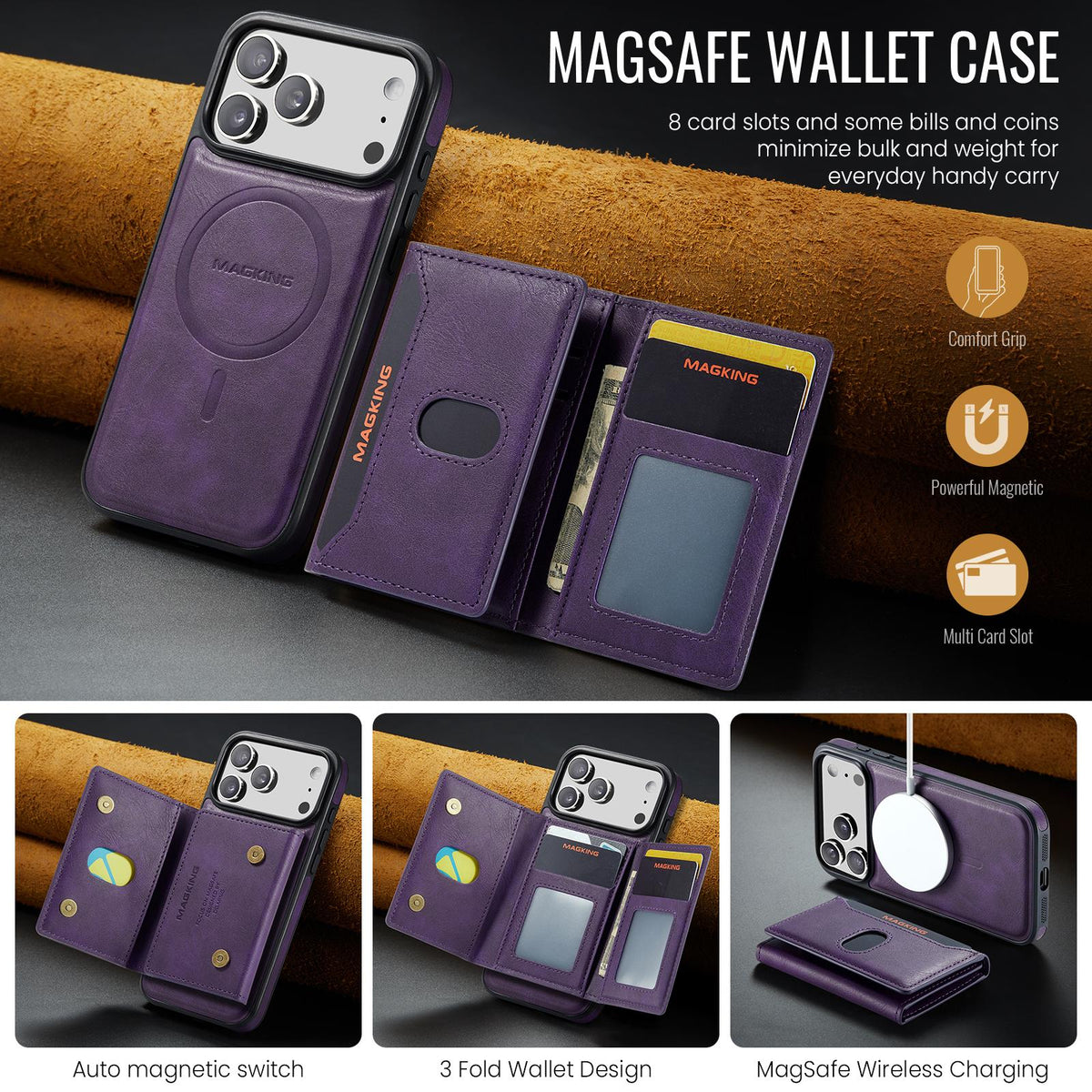 Compatible with iPhone 18 Pro Max MAGKING K5 Series RFID Tri-fold Card Bag Detachable Magnetic Phone Case - Purple