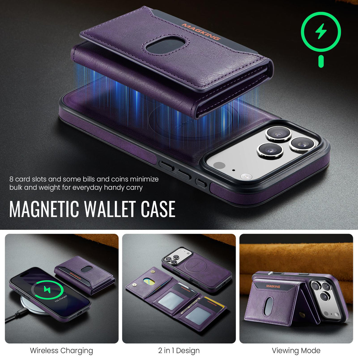 Compatible with iPhone 18 Pro Max MAGKING K5 Series RFID Tri-fold Card Bag Detachable Magnetic Phone Case - Purple