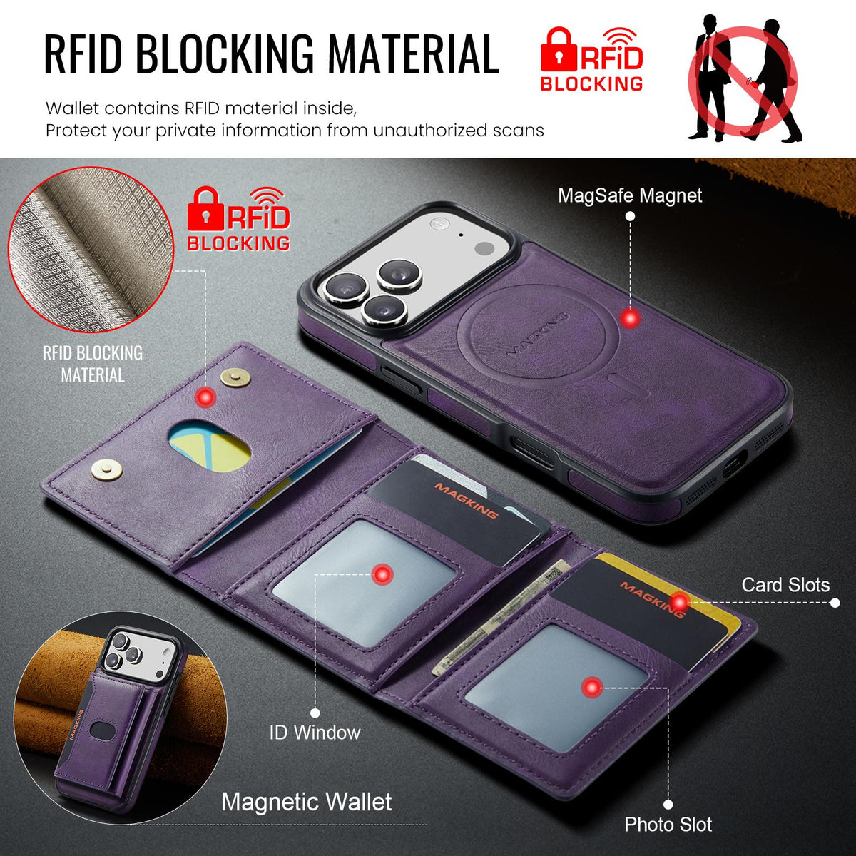 Compatible with iPhone 18 Pro Max MAGKING K5 Series RFID Tri-fold Card Bag Detachable Magnetic Phone Case - Purple