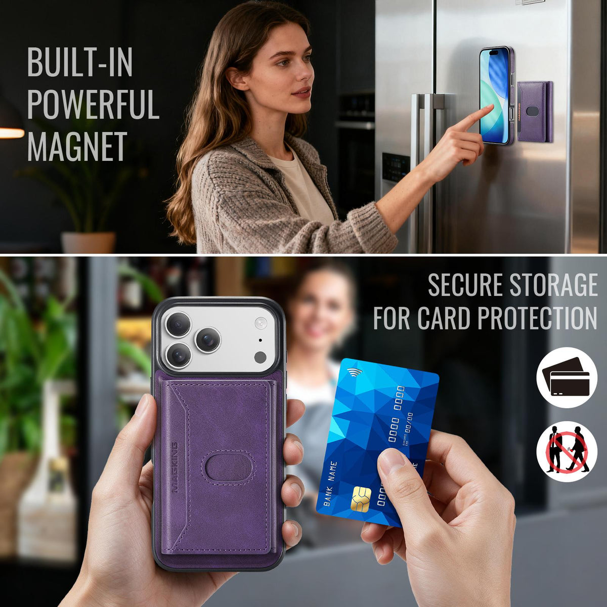 Compatible with iPhone 18 Pro Max MAGKING K5 Series RFID Tri-fold Card Bag Detachable Magnetic Phone Case - Purple