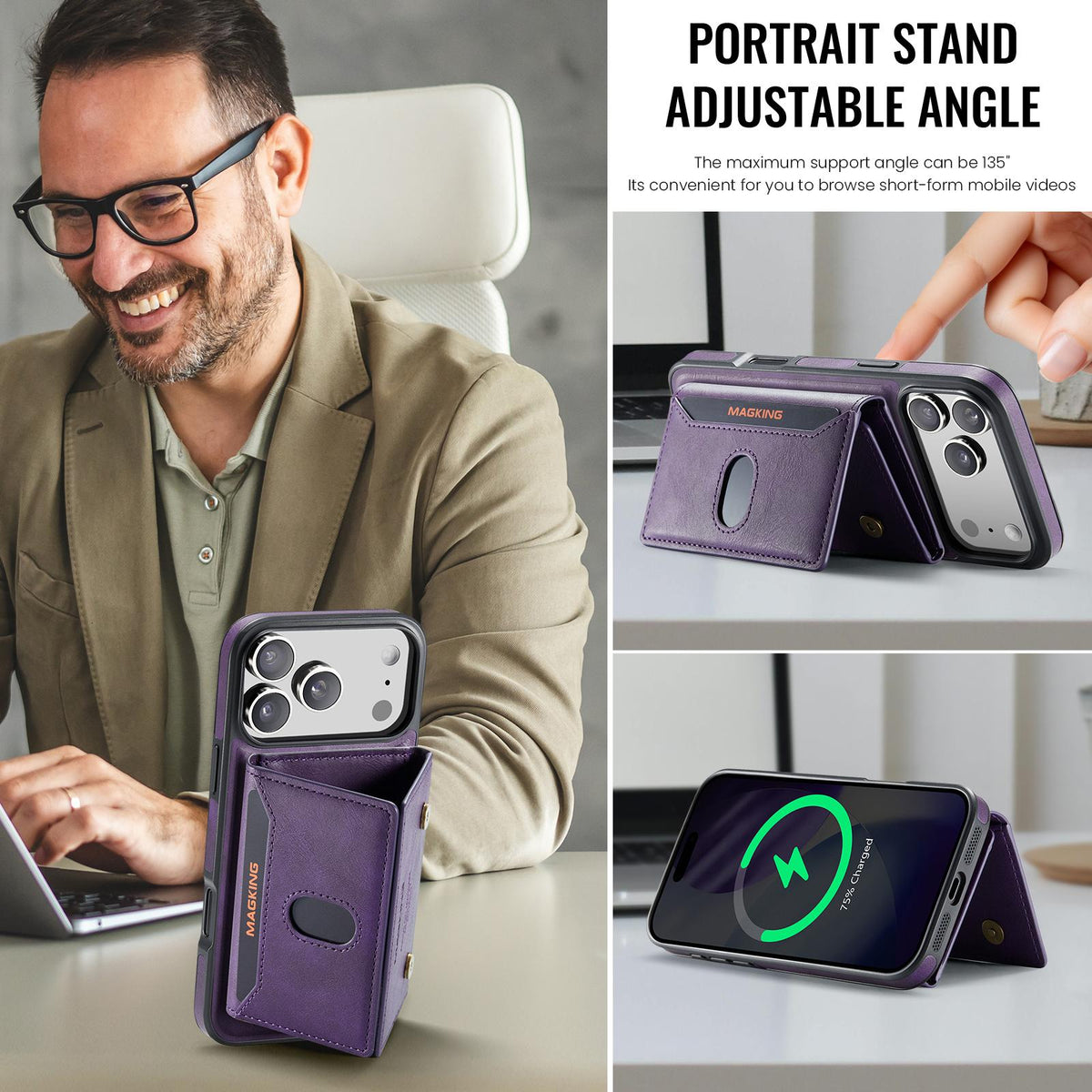 Compatible with iPhone 18 Pro Max MAGKING K5 Series RFID Tri-fold Card Bag Detachable Magnetic Phone Case - Purple