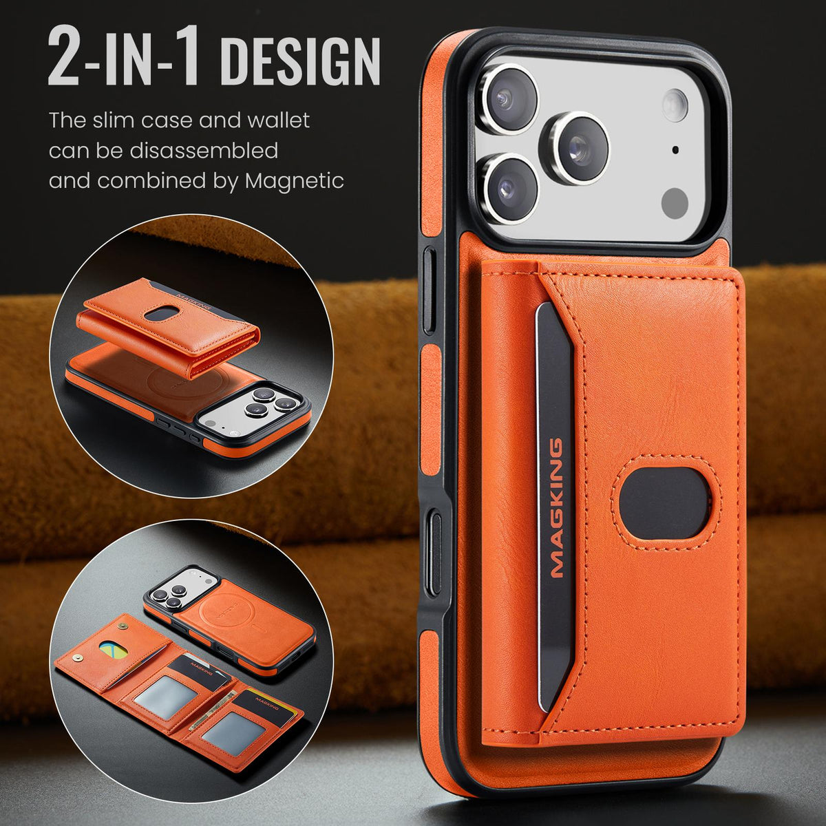 Compatible with iPhone 18 Pro Max MAGKING K5 Series RFID Tri-fold Card Bag Detachable Magnetic Phone Case - Orange