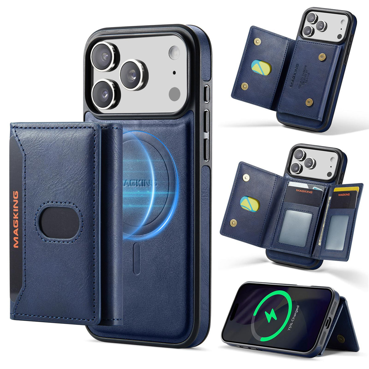 Compatible with iPhone 18 Pro Max MAGKING K5 Series RFID Tri-fold Card Bag Detachable Magnetic Phone Case - Blue