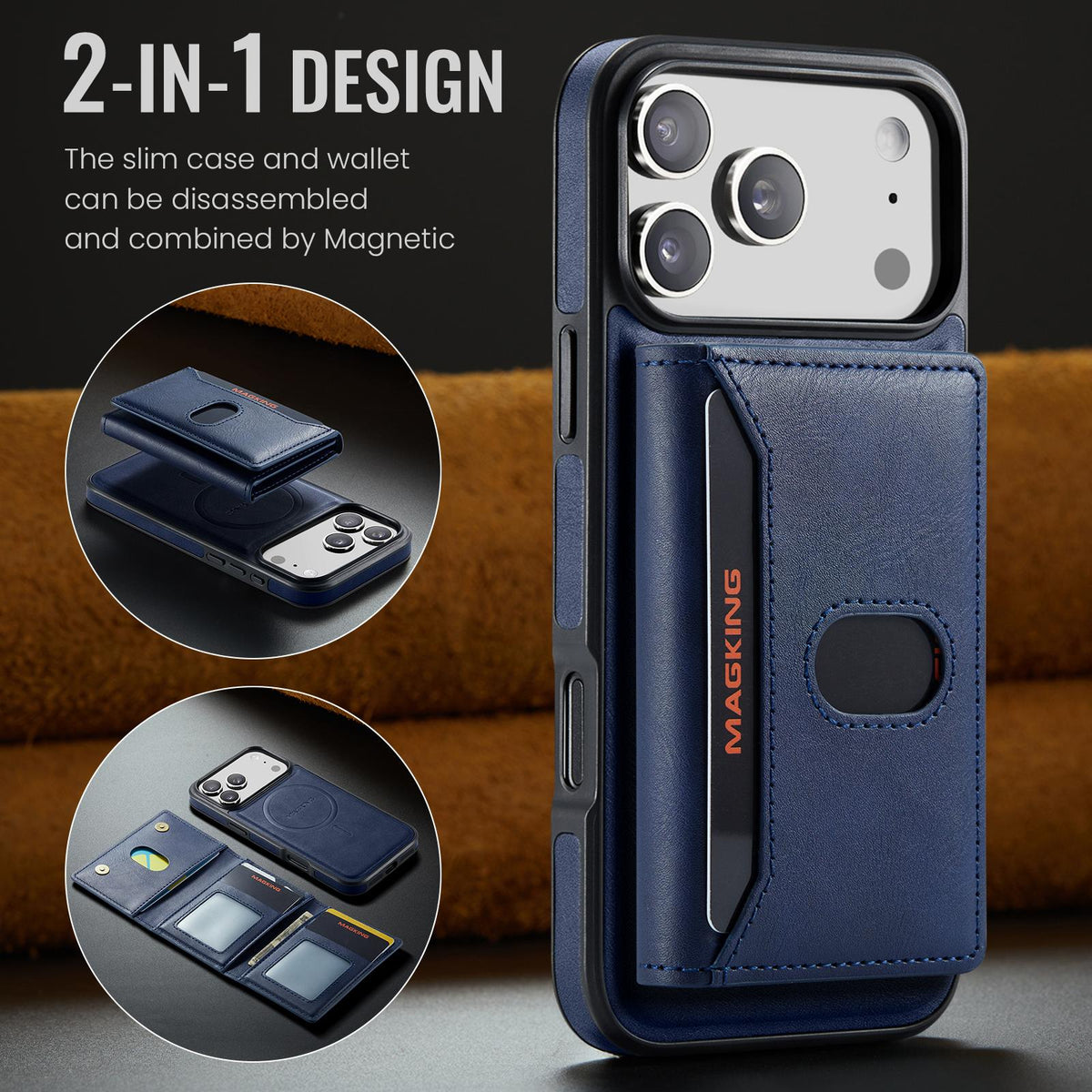 Compatible with iPhone 18 Pro Max MAGKING K5 Series RFID Tri-fold Card Bag Detachable Magnetic Phone Case - Blue