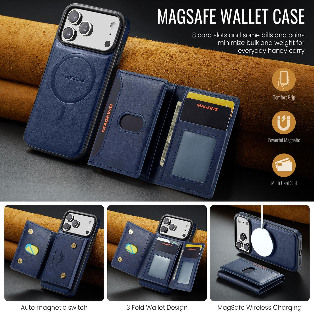 Compatible with iPhone 18 Pro Max MAGKING K5 Series RFID Tri-fold Card Bag Detachable Magnetic Phone Case - Blue