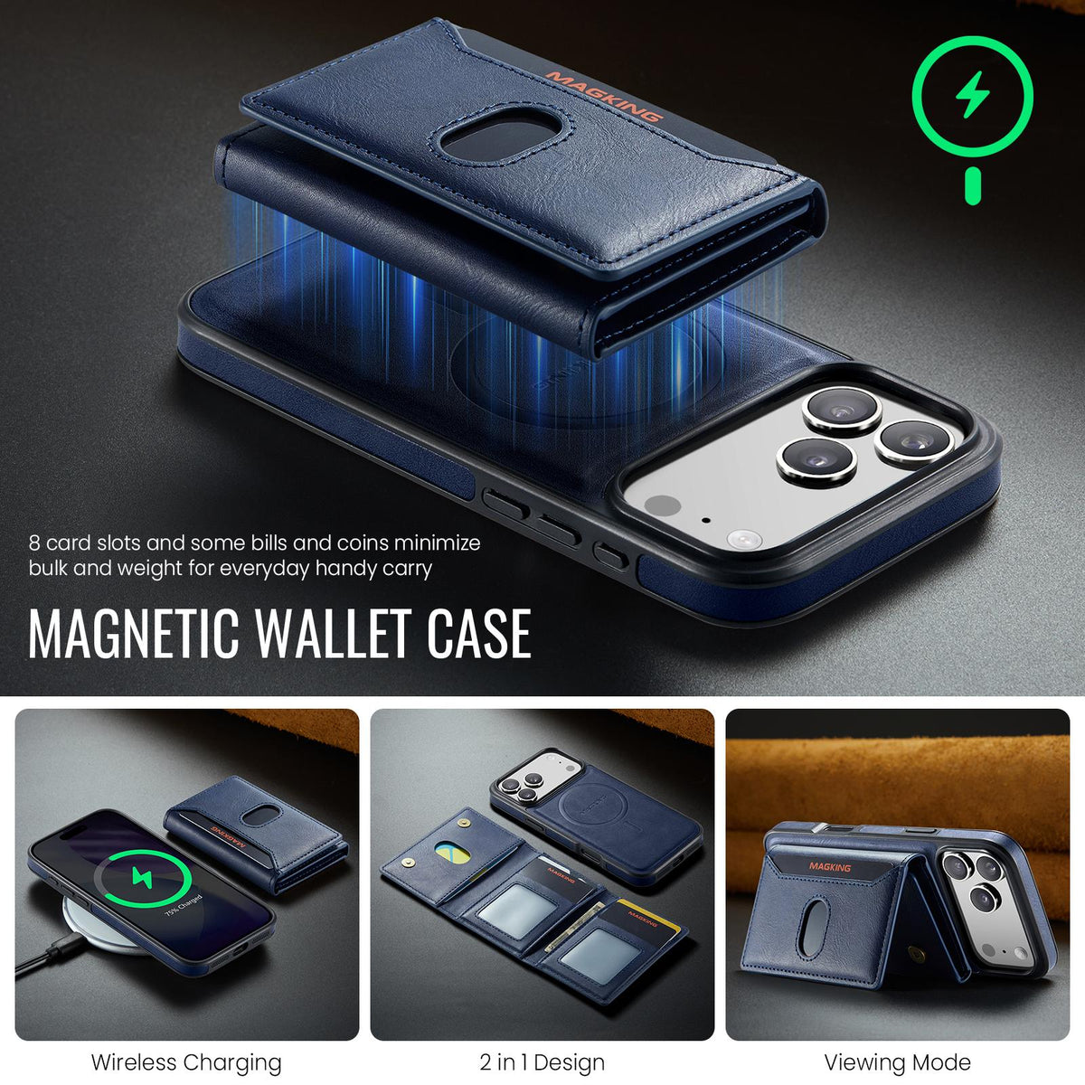 Compatible with iPhone 18 Pro Max MAGKING K5 Series RFID Tri-fold Card Bag Detachable Magnetic Phone Case - Blue
