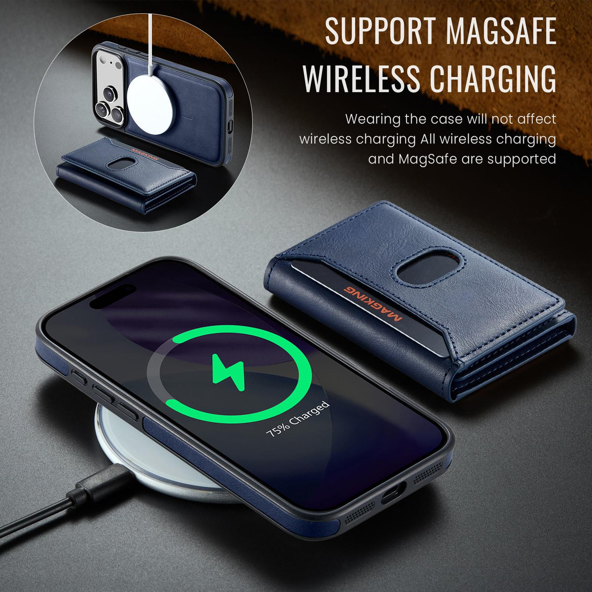 Compatible with iPhone 18 Pro Max MAGKING K5 Series RFID Tri-fold Card Bag Detachable Magnetic Phone Case - Blue