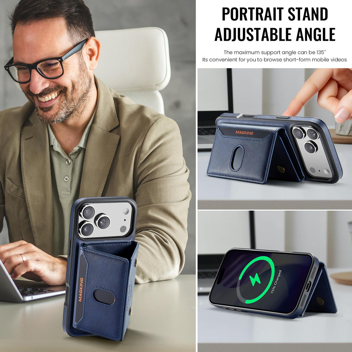 Compatible with iPhone 18 Pro Max MAGKING K5 Series RFID Tri-fold Card Bag Detachable Magnetic Phone Case - Blue