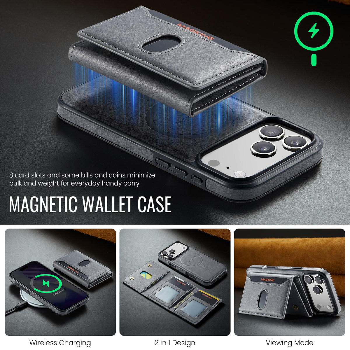 Compatible with iPhone 18 Pro Max MAGKING K5 Series RFID Tri-fold Card Bag Detachable Magnetic Phone Case - Grey