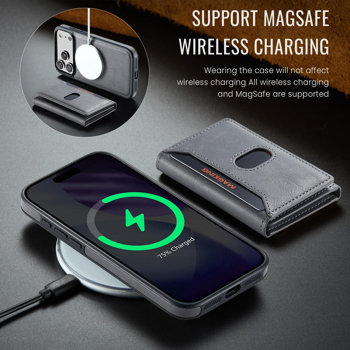 Compatible with iPhone 18 Pro Max MAGKING K5 Series RFID Tri-fold Card Bag Detachable Magnetic Phone Case - Grey