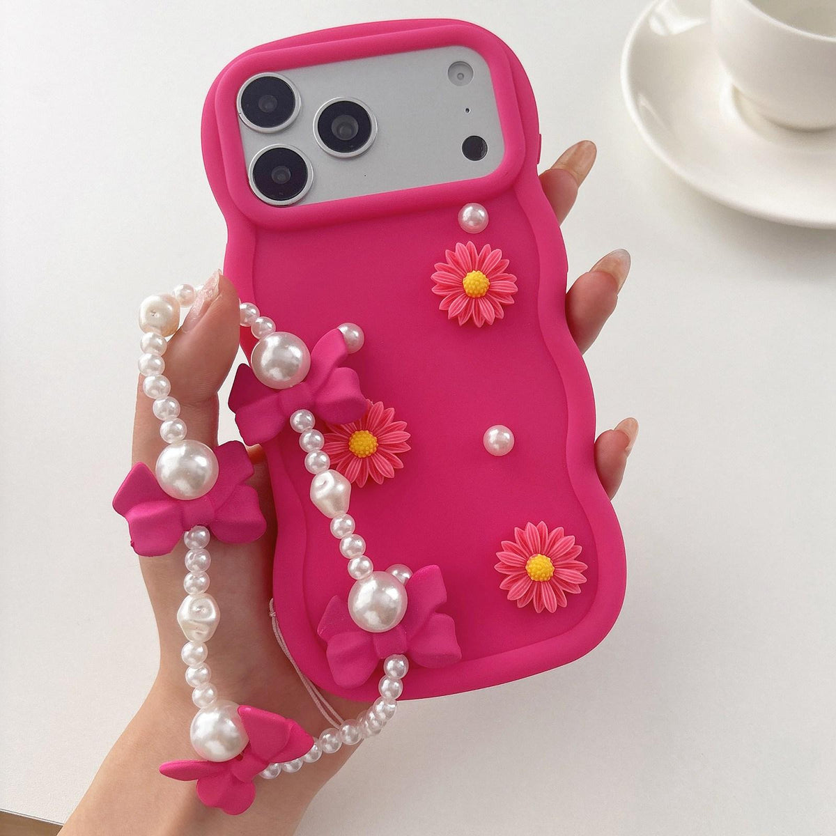 Compatible with iPhone 18 Pro Max Macaron Color Little Daisy and Pearl Phone Case with Bracelet Chain - Red