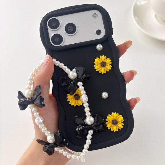 Compatible with iPhone 18 Pro Max Macaron Color Little Daisy and Pearl Phone Case with Bracelet Chain - Black