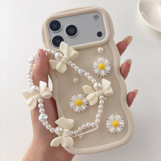 Compatible with iPhone 18 Pro Max Macaron Color Little Daisy and Pearl Phone Case with Bracelet Chain - White