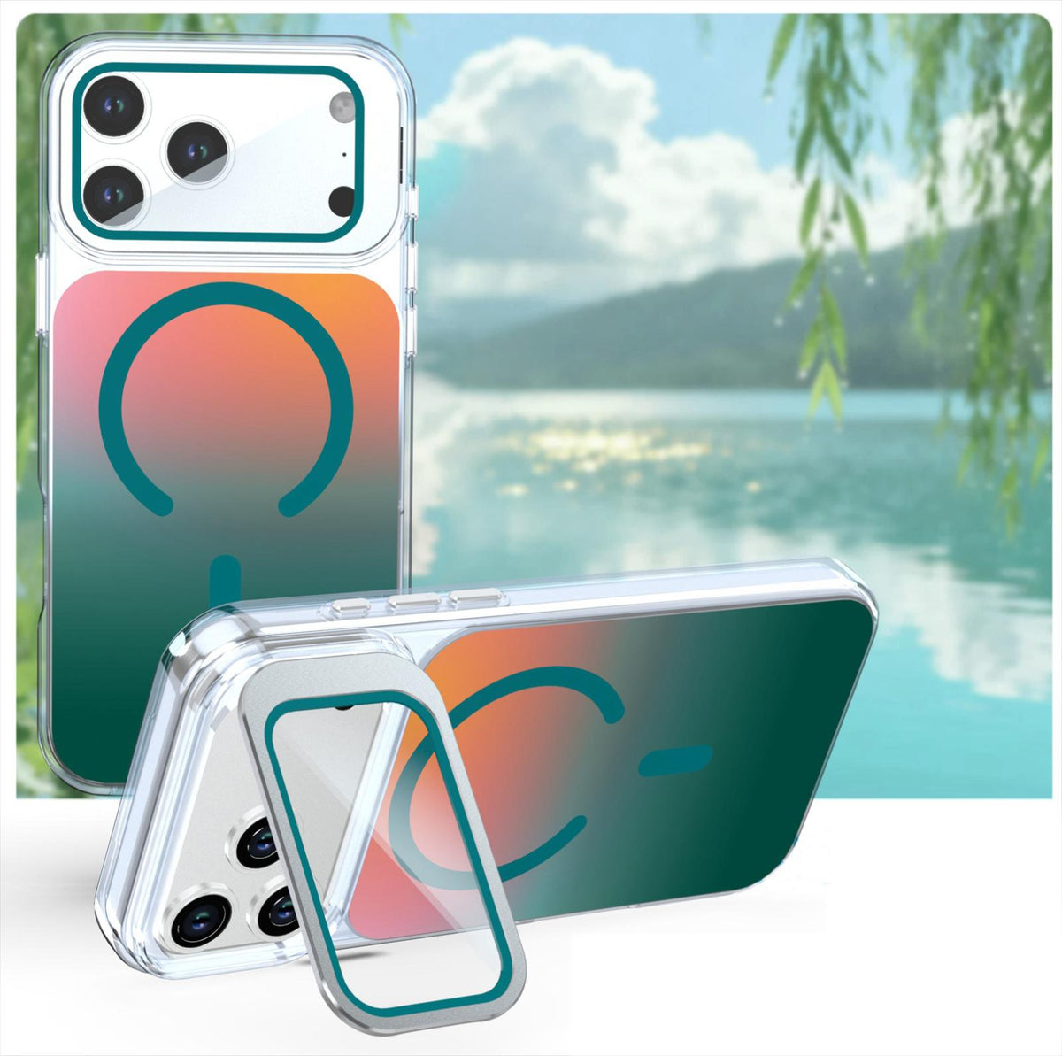 Compatible with iPhone 18 Pro Max Gradient Discolor Lens Protector Kickstand Magnetic Phone Case - Green
