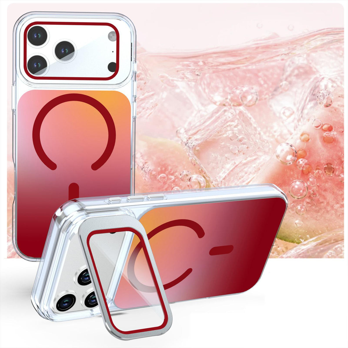 Compatible with iPhone 18 Pro Max Gradient Discolor Lens Protector Kickstand Magnetic Phone Case - Red