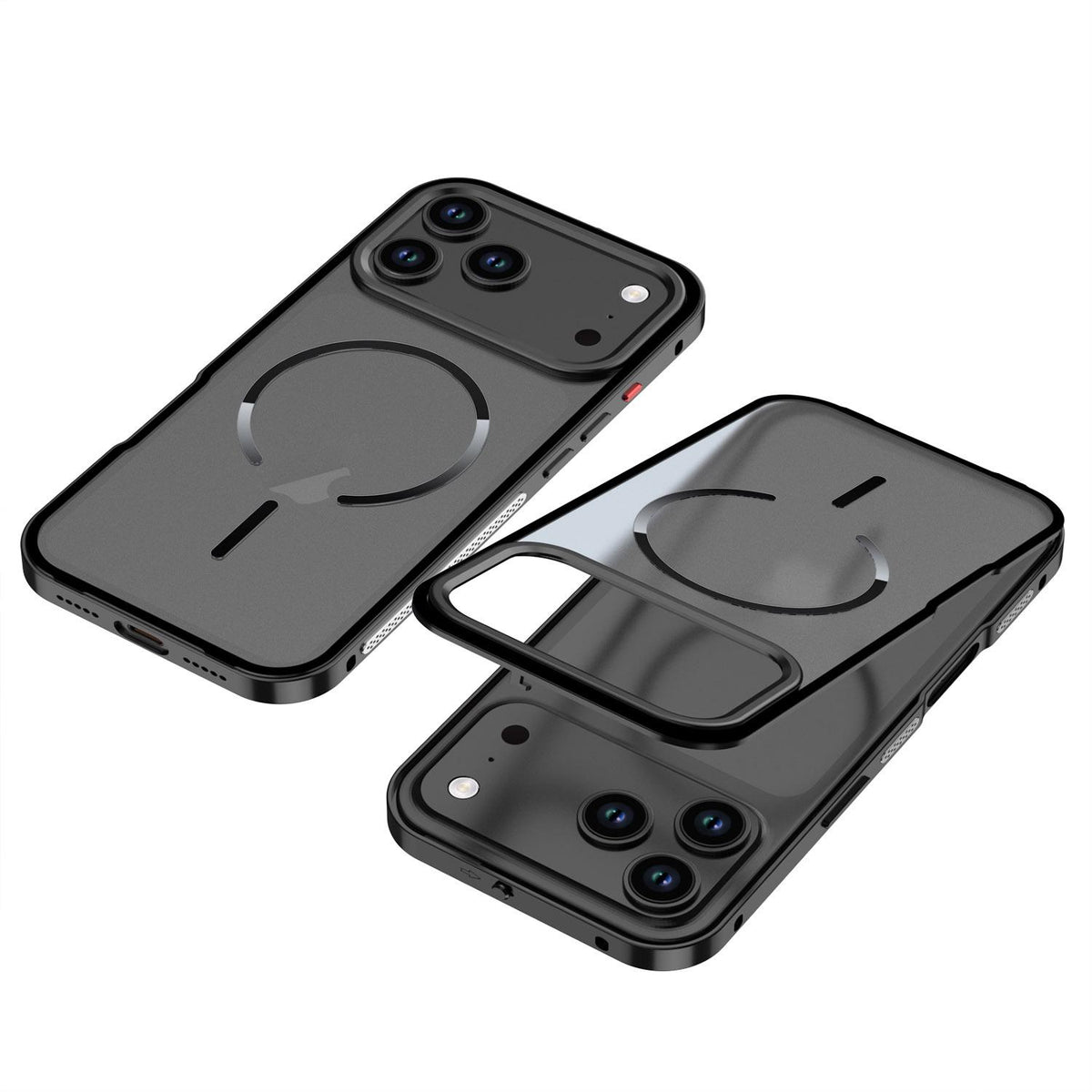 Compatible with iPhone 18 Pro Max Single-sided Snap Buckle Metal Frame Frosted MagSafe Phone Case - Black