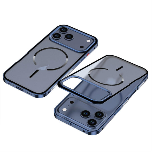 Compatible with iPhone 18 Pro Max Single-sided Snap Buckle Metal Frame Frosted MagSafe Phone Case - Titanium Blue