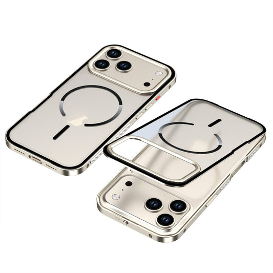 Compatible with iPhone 18 Pro Max Single-sided Snap Buckle Metal Frame Frosted MagSafe Phone Case - Titanium
