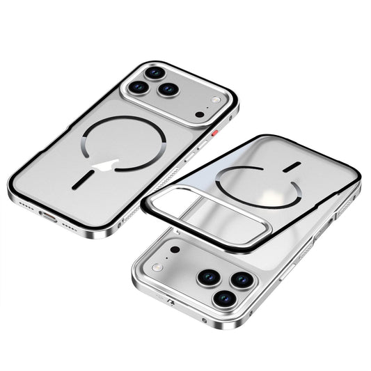 Compatible with iPhone 18 Pro Max Single-sided Snap Buckle Metal Frame Frosted MagSafe Phone Case - Silver