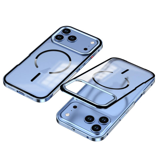 Compatible with iPhone 18 Pro Max Single-sided Snap Buckle Metal Frame Frosted MagSafe Phone Case - Light Blue