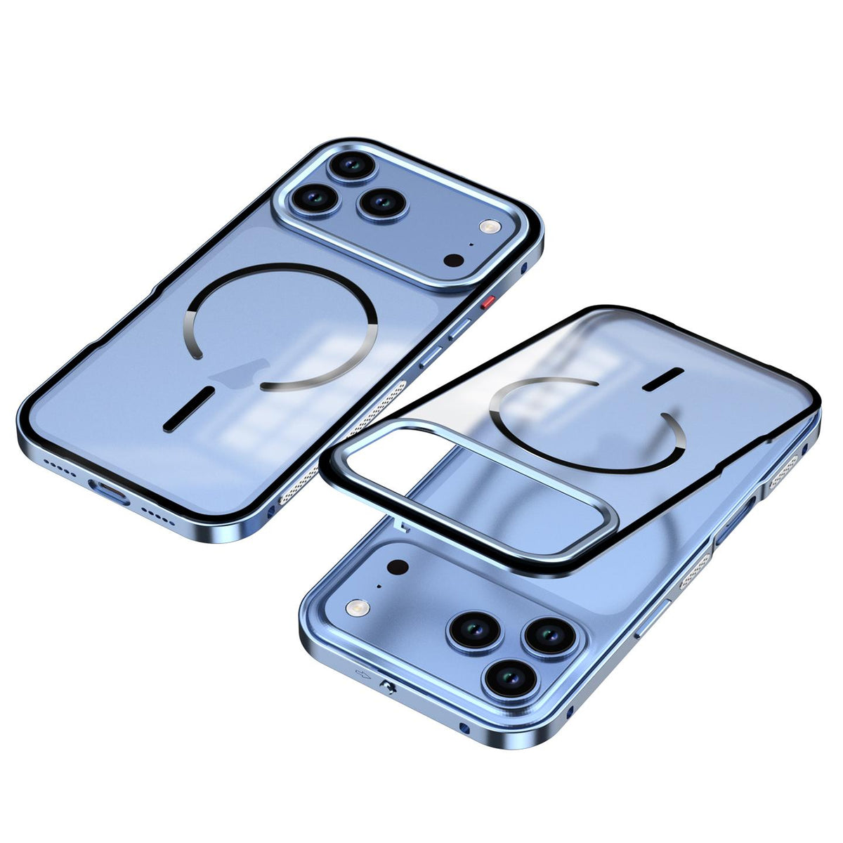 Compatible with iPhone 18 Pro Single-sided Snap Buckle Metal Frame Frosted MagSafe Phone Case - Light Blue
