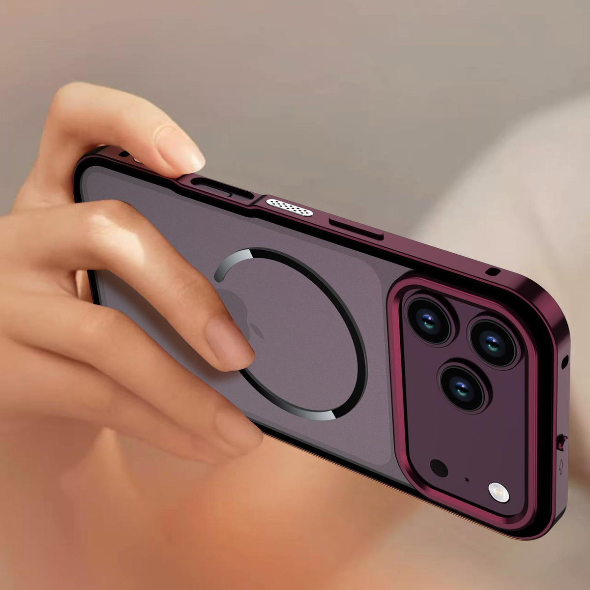 Compatible with iPhone 18 Pro Max Single-sided Snap Buckle Metal Frame Frosted MagSafe Phone Case - Titanium