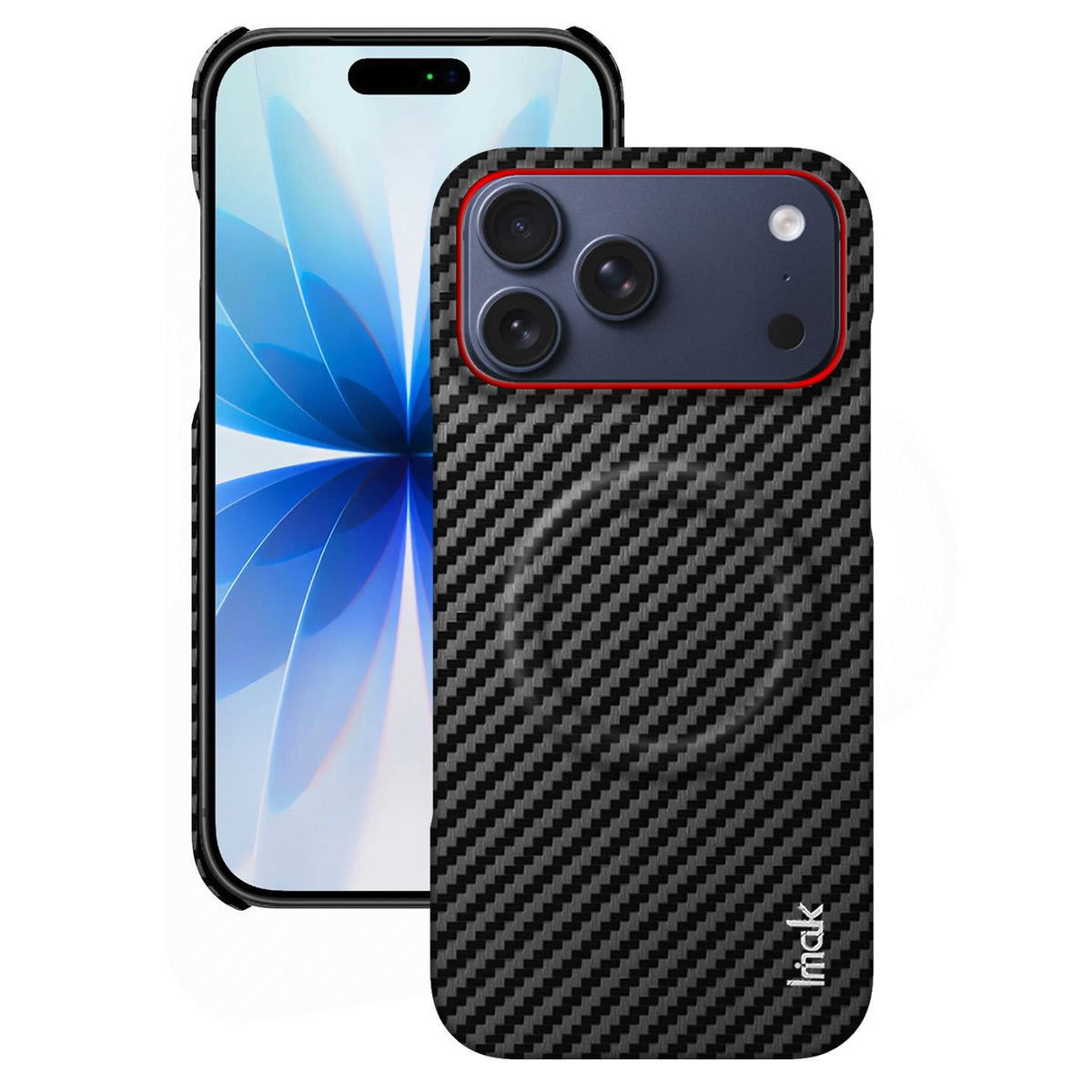 Compatible with iPhone 18 Pro Max imak Ruiyi Series Red Ring Carbon Fiber Texture Magnetic Phone Case - Black
