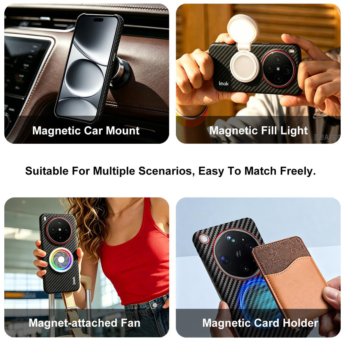 Compatible with iPhone 18 Pro Max imak Ruiyi Series Red Ring Carbon Fiber Texture Magnetic Phone Case - Black