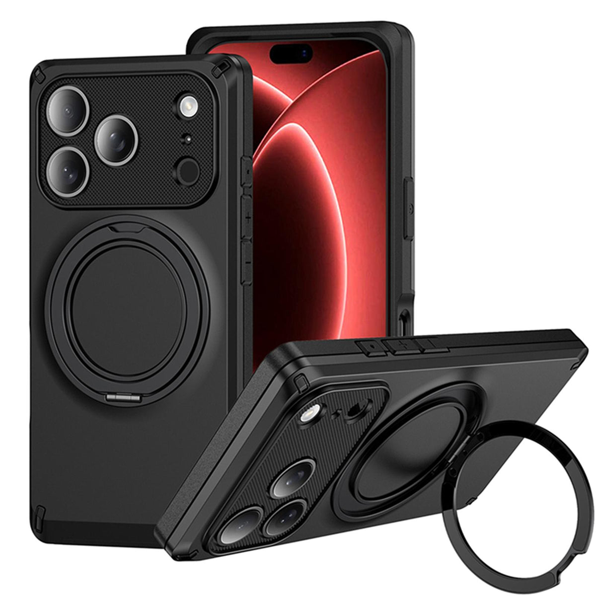Compatible with iPhone 18 Pro Magnetic 360 Degree Ring Holder Phone Case - Black