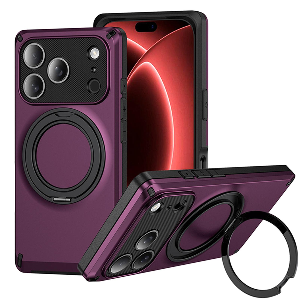 Compatible with iPhone 18 Pro Magnetic 360 Degree Ring Holder Phone Case - Cherry Red
