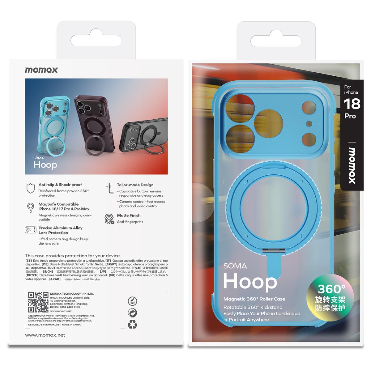 Compatible with iPhone 18 Pro Max MOMAX SOMA Hoop Series Magnetic 360 Rotating Invisible Stand Phone Case - Blue