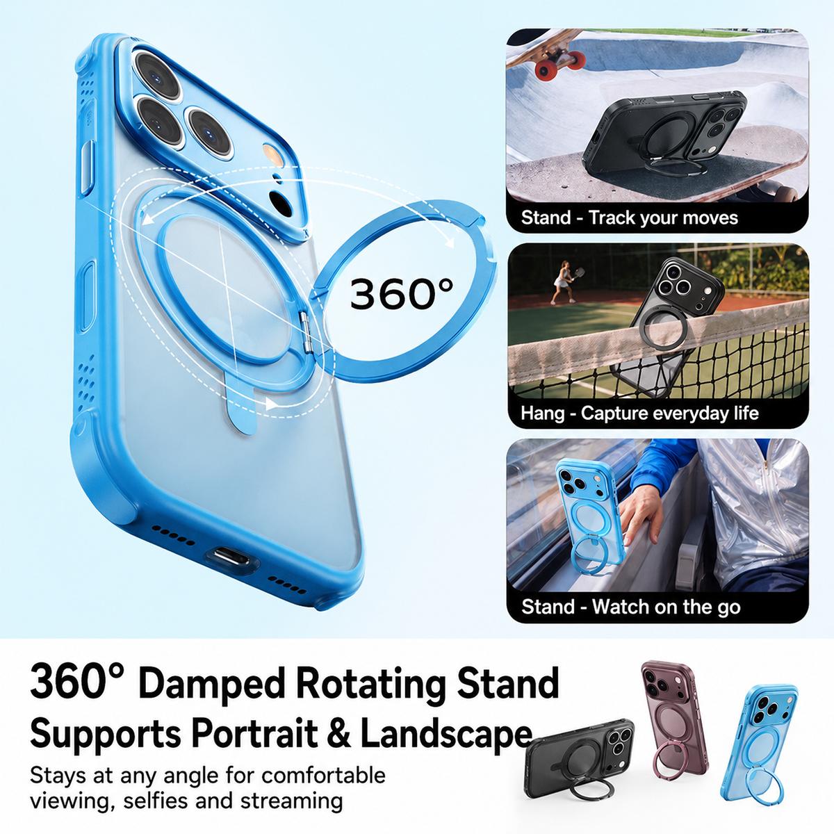 Compatible with iPhone 18 Pro Max MOMAX SOMA Hoop Series Magnetic 360 Rotating Invisible Stand Phone Case - Blue