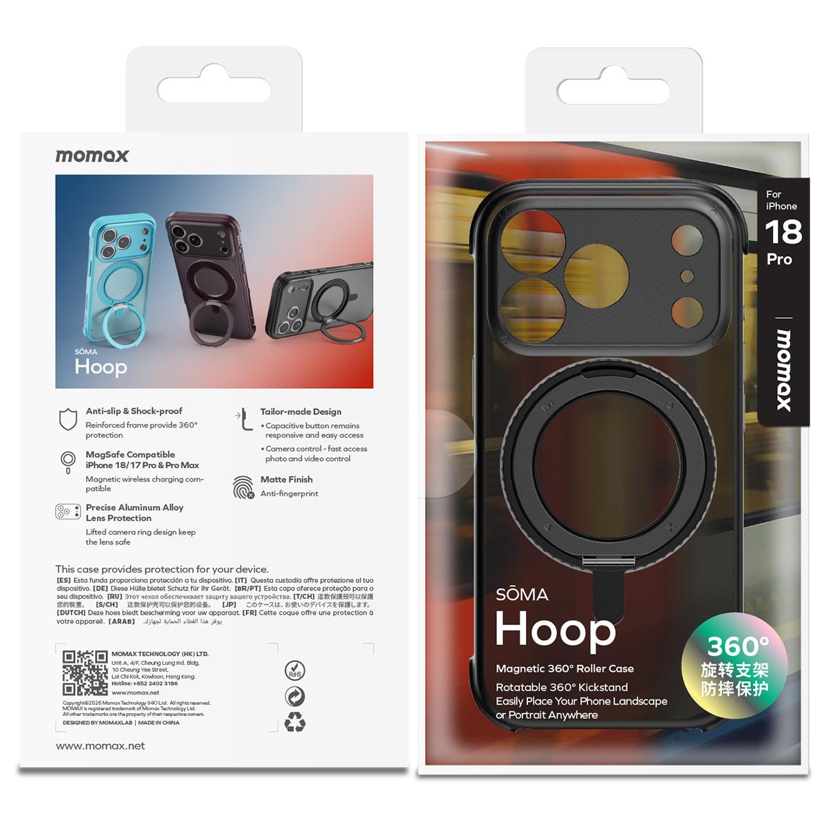 Compatible with iPhone 18 Pro Max MOMAX SOMA Hoop Series Magnetic 360 Rotating Invisible Stand Phone Case - Black