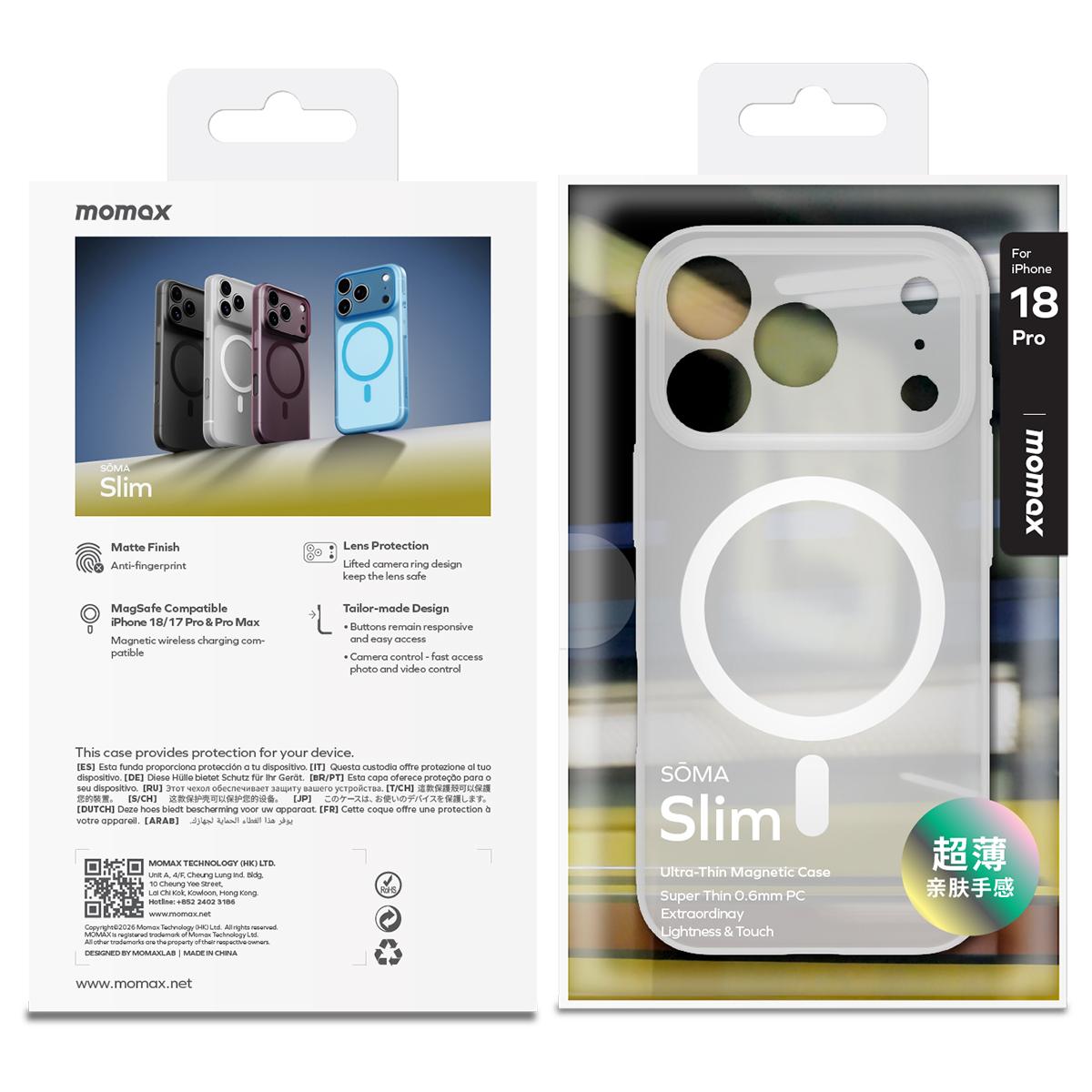 Compatible with iPhone 18 Pro Max MOMAX SOMA Slim Series Ultra-Thin Skin-Friendly Magnetic Phone Case - White