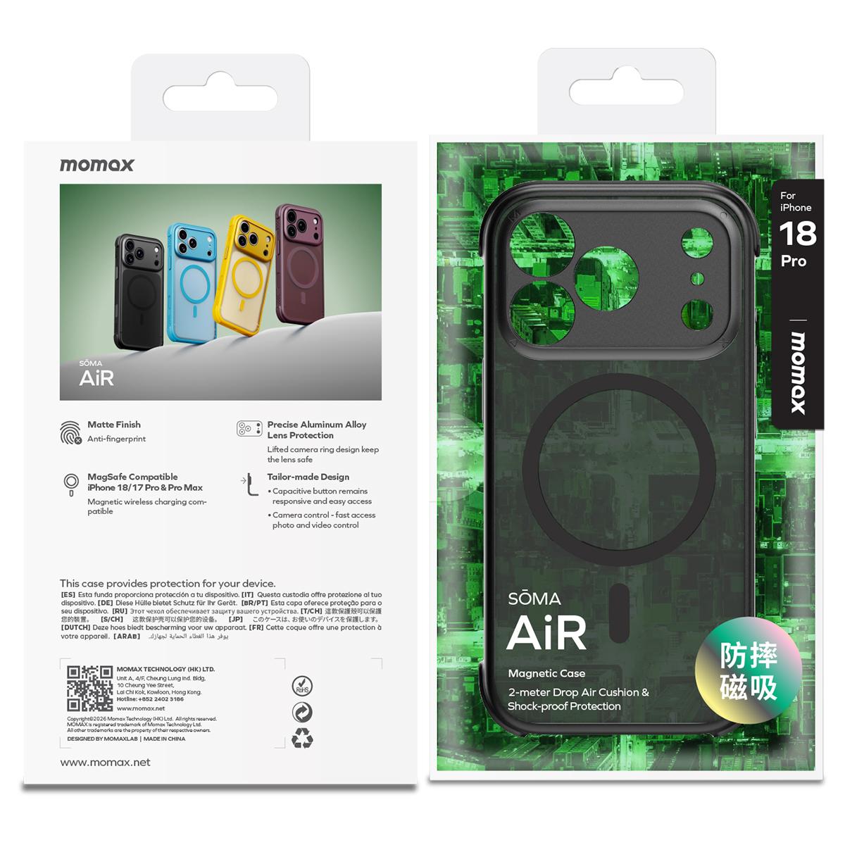 Compatible with iPhone 18 Pro MOMAX SOMA Air Series AirBag Skin-Friendly Magnetic Phone Case - Black
