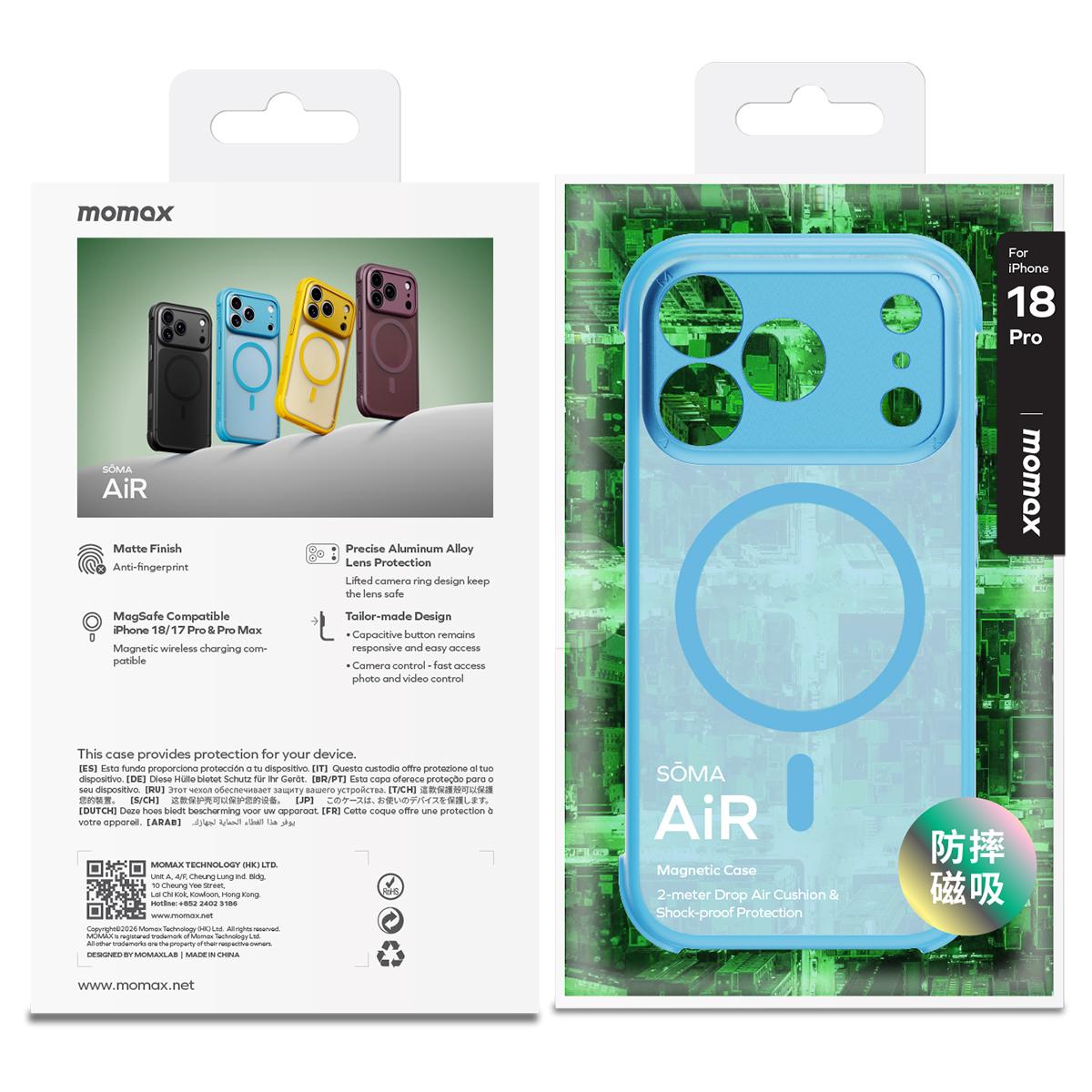 Compatible with iPhone 18 Pro Max MOMAX SOMA Air Series AirBag Skin-Friendly Magnetic Phone Case - Blue
