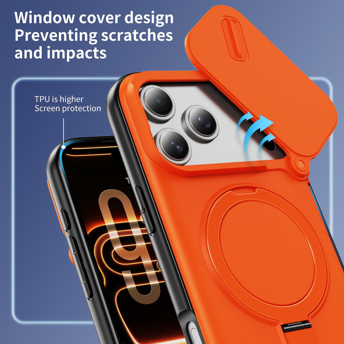 Compatible with iPhone 18 Pro Sliding Camshield Card Slot Magnetic Rotation Holder Phone Case - Orange