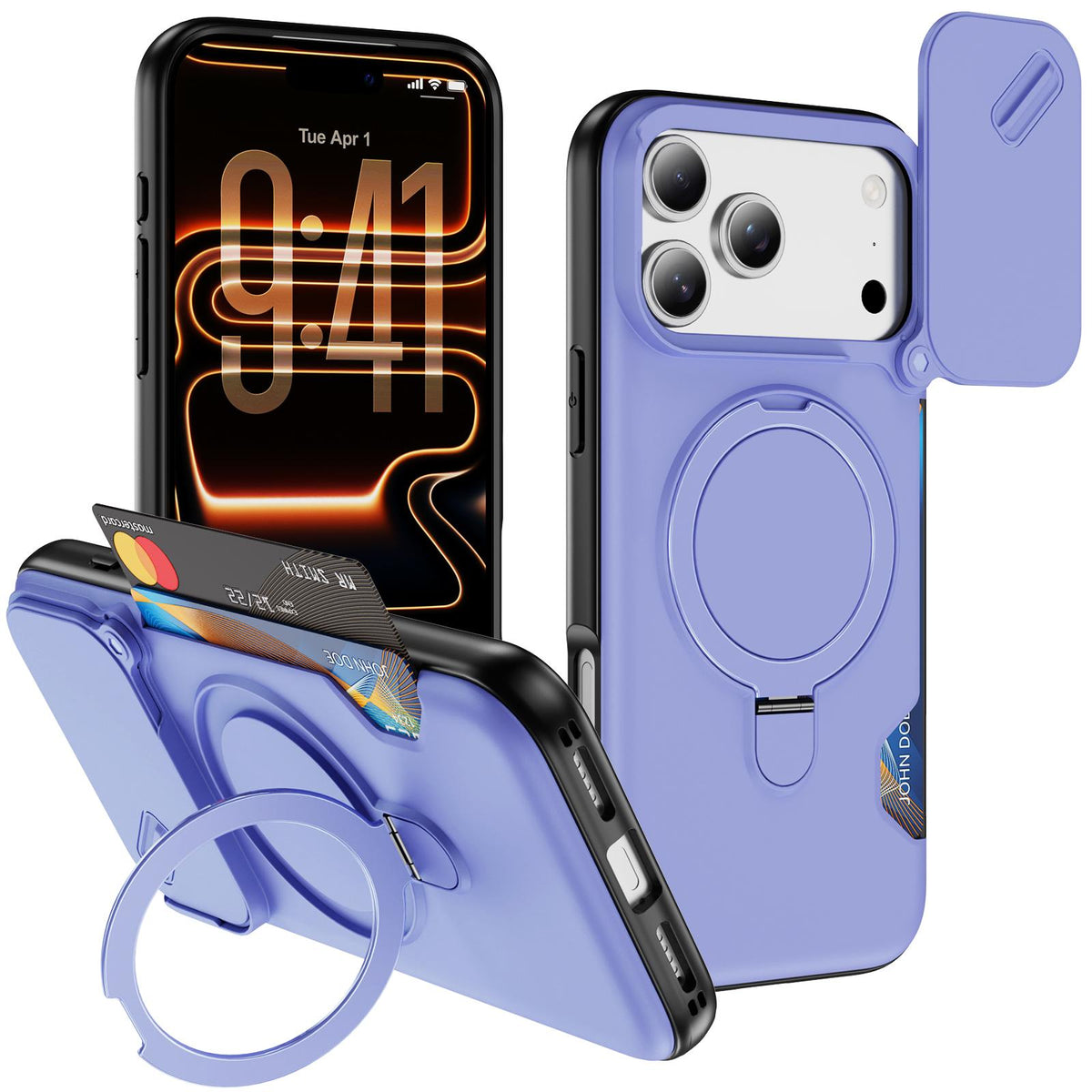 Compatible with iPhone 18 Pro Sliding Camshield Card Slot Magnetic Rotation Holder Phone Case - Light Purple