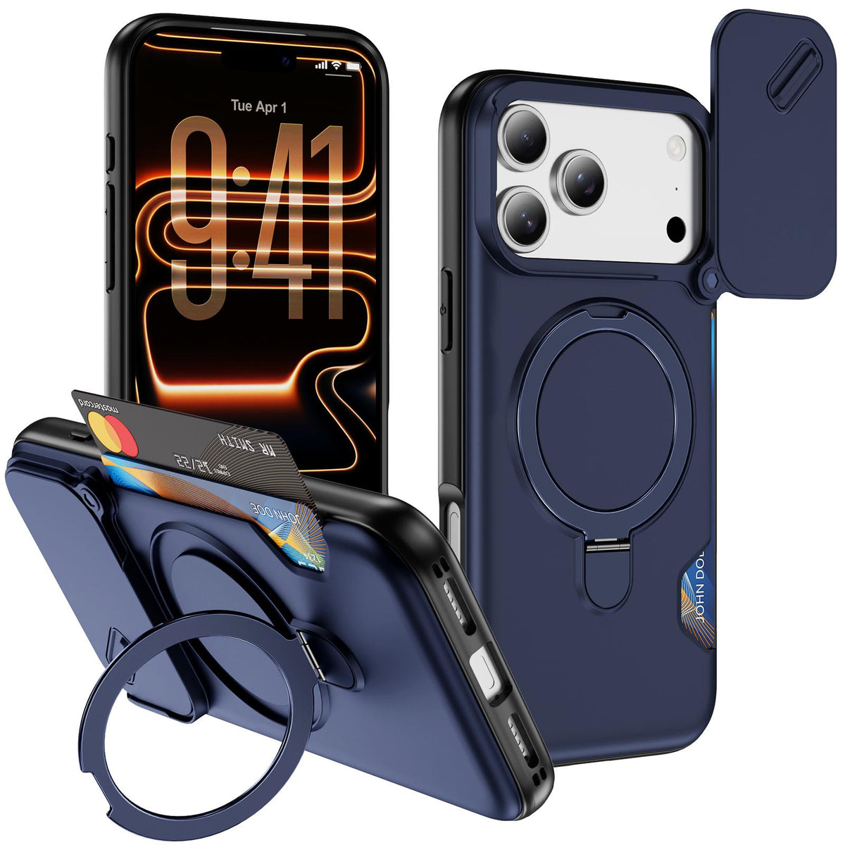 Compatible with iPhone 18 Pro Max Sliding Camshield Card Slot Magnetic Rotation Holder Phone Case - Royal Blue
