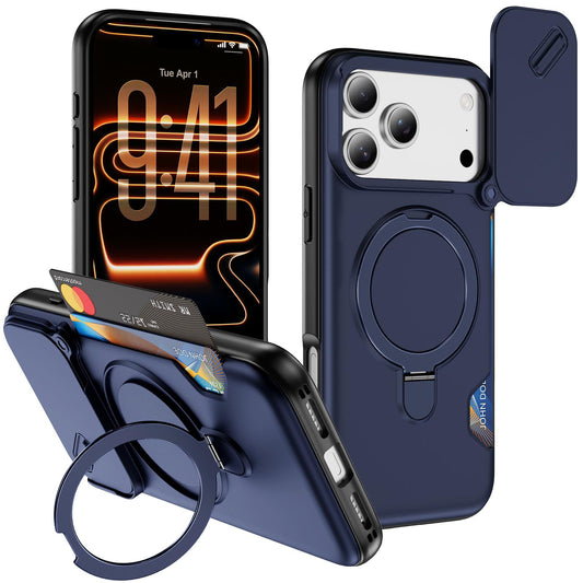 Compatible with iPhone 18 Pro Max Sliding Camshield Card Slot Magnetic Rotation Holder Phone Case - Royal Blue