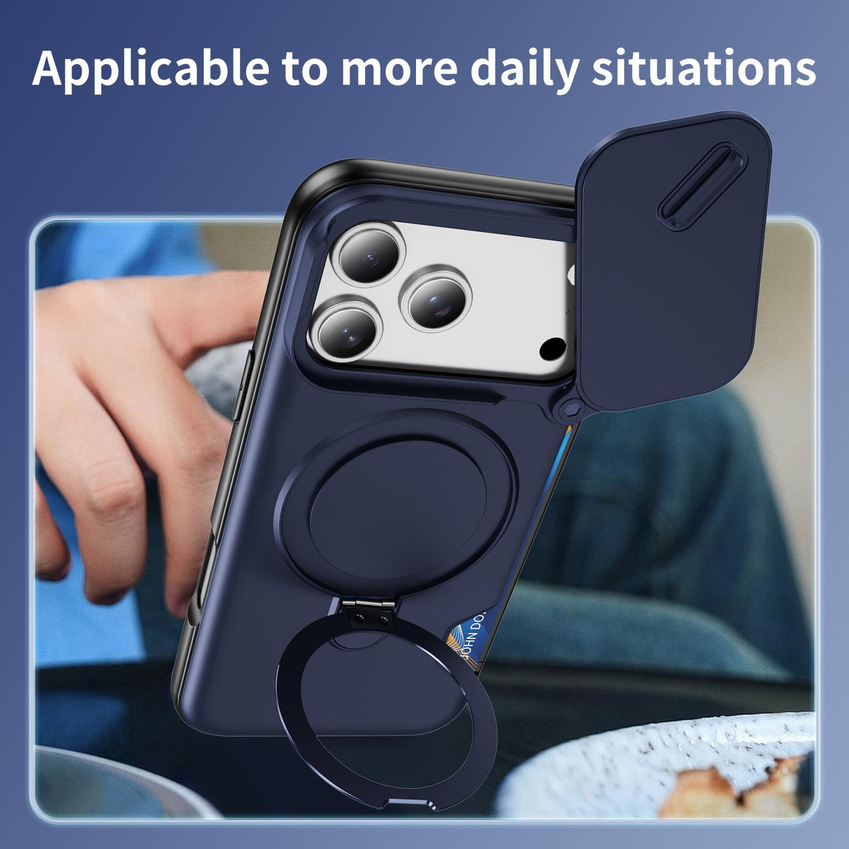 Compatible with iPhone 18 Pro Max Sliding Camshield Card Slot Magnetic Rotation Holder Phone Case - Royal Blue