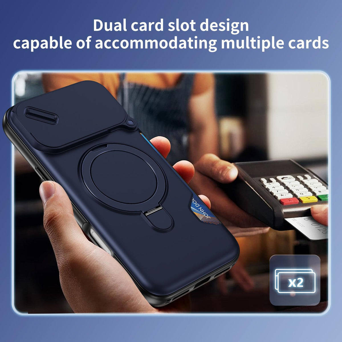 Compatible with iPhone 18 Pro Max Sliding Camshield Card Slot Magnetic Rotation Holder Phone Case - Royal Blue