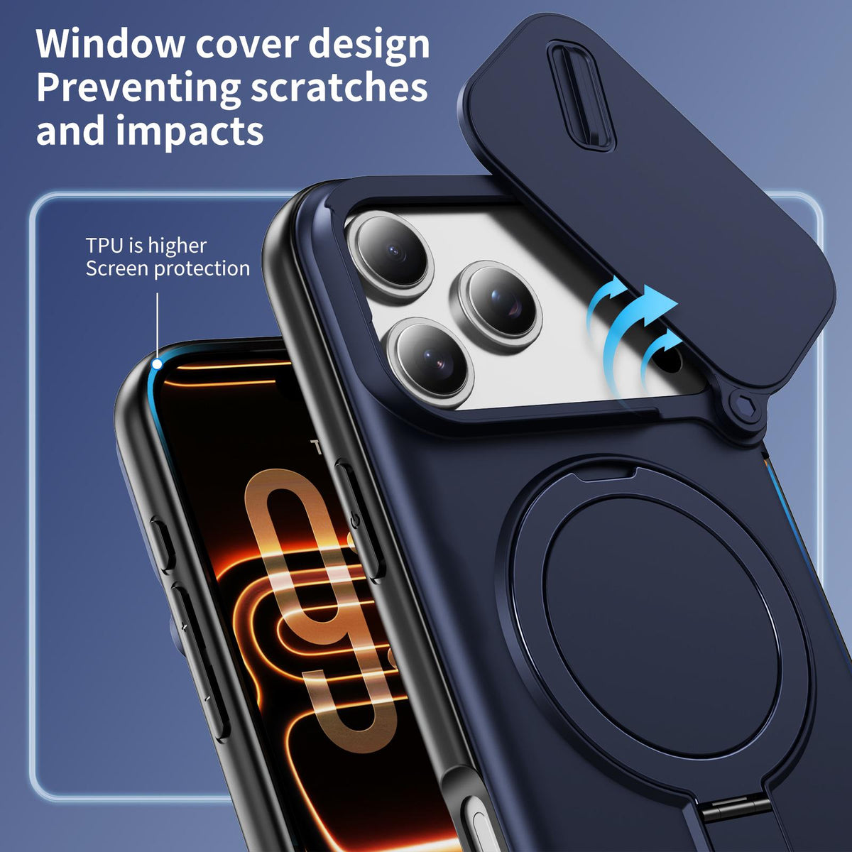 Compatible with iPhone 18 Pro Max Sliding Camshield Card Slot Magnetic Rotation Holder Phone Case - Royal Blue