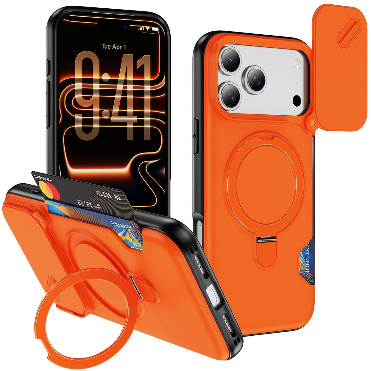 Compatible with iPhone 18 Pro Max Sliding Camshield Card Slot Magnetic Rotation Holder Phone Case - Orange